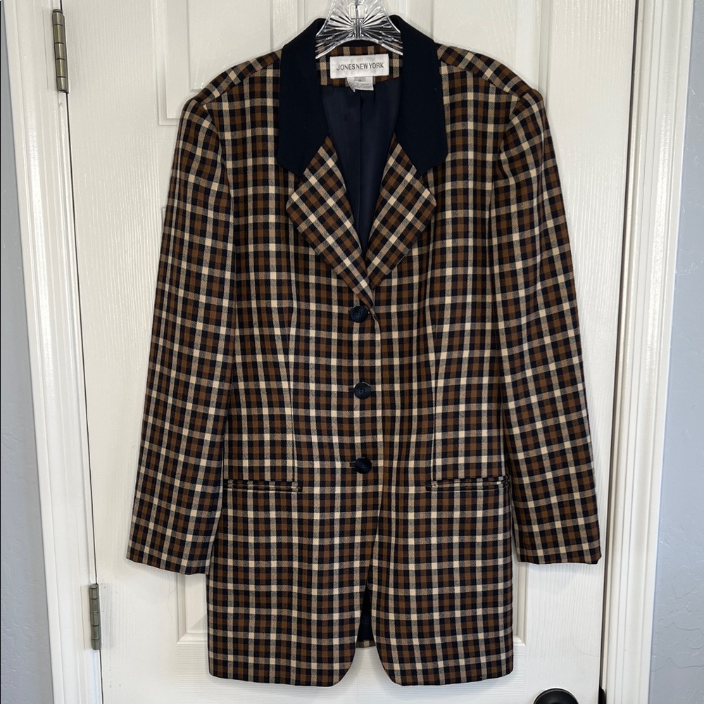 Vintage plaid blazer coat navy & dark mustard Jones New York women’s size 8